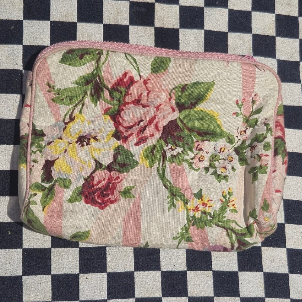 Floral Canvas Makeup Bag Pink Rose Stripe Zippered Cosmetic Travel Pouch Cottage